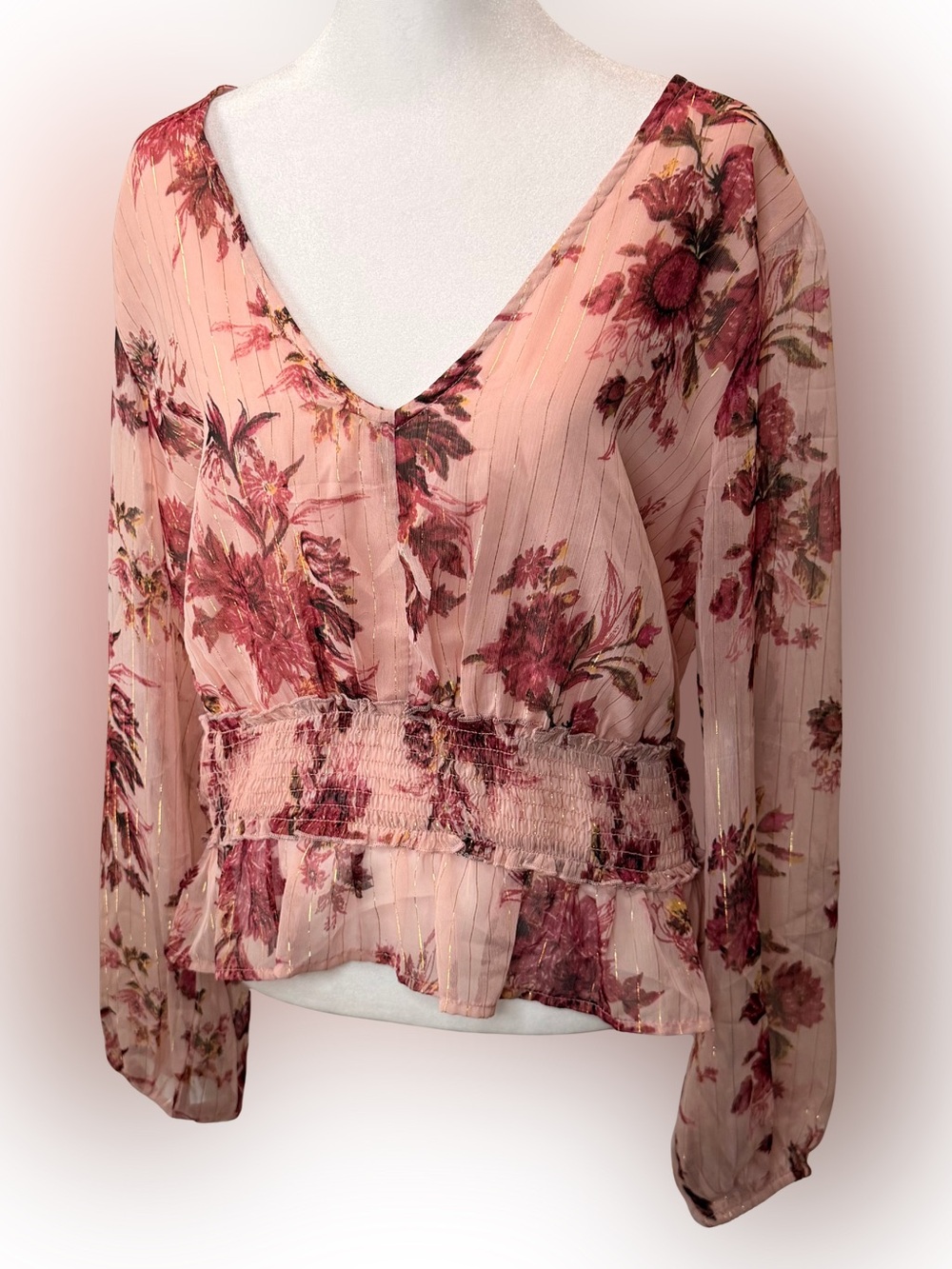 Venus XL Floral Peplum Smocked Top Boho/Romantic/Peasant Pink Sheer Gold Stripe
